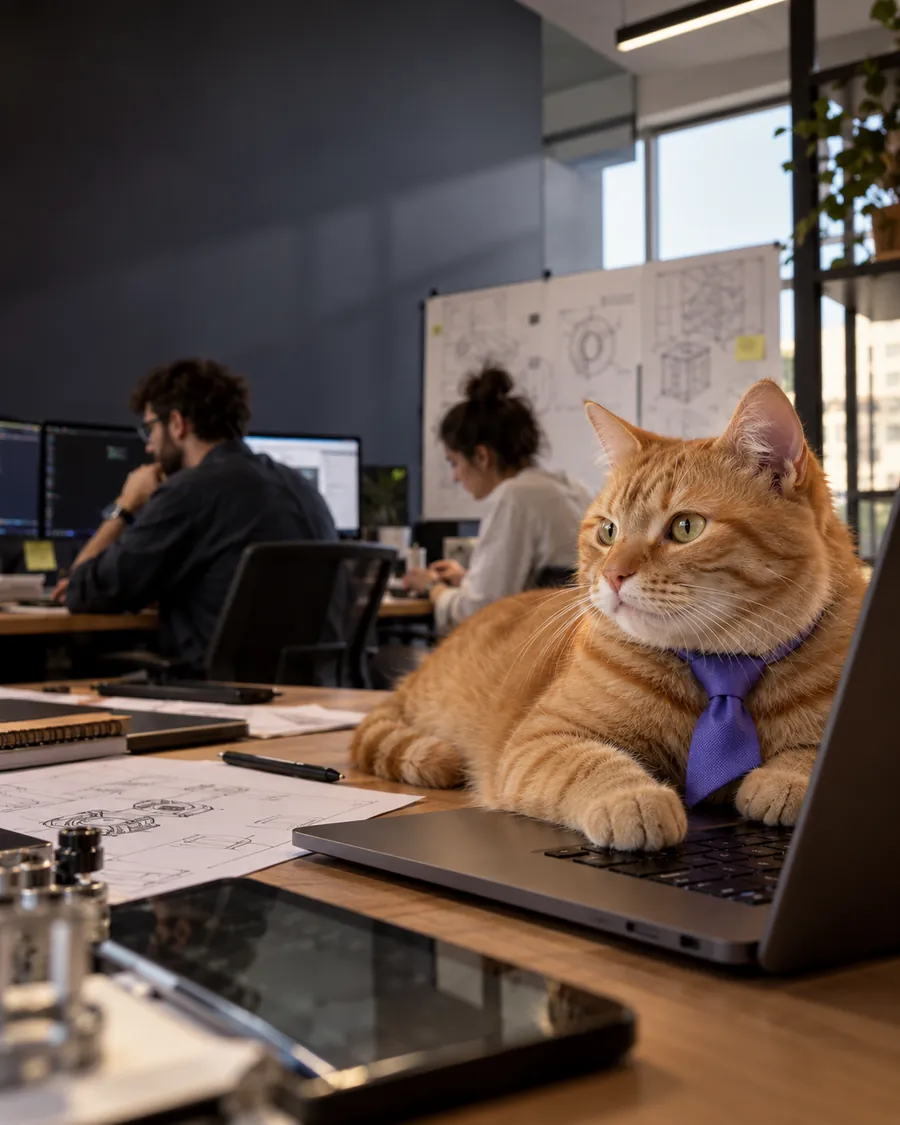 El gato de Wenü trabajando en su laptop en la oficina, con el equipo de fondo